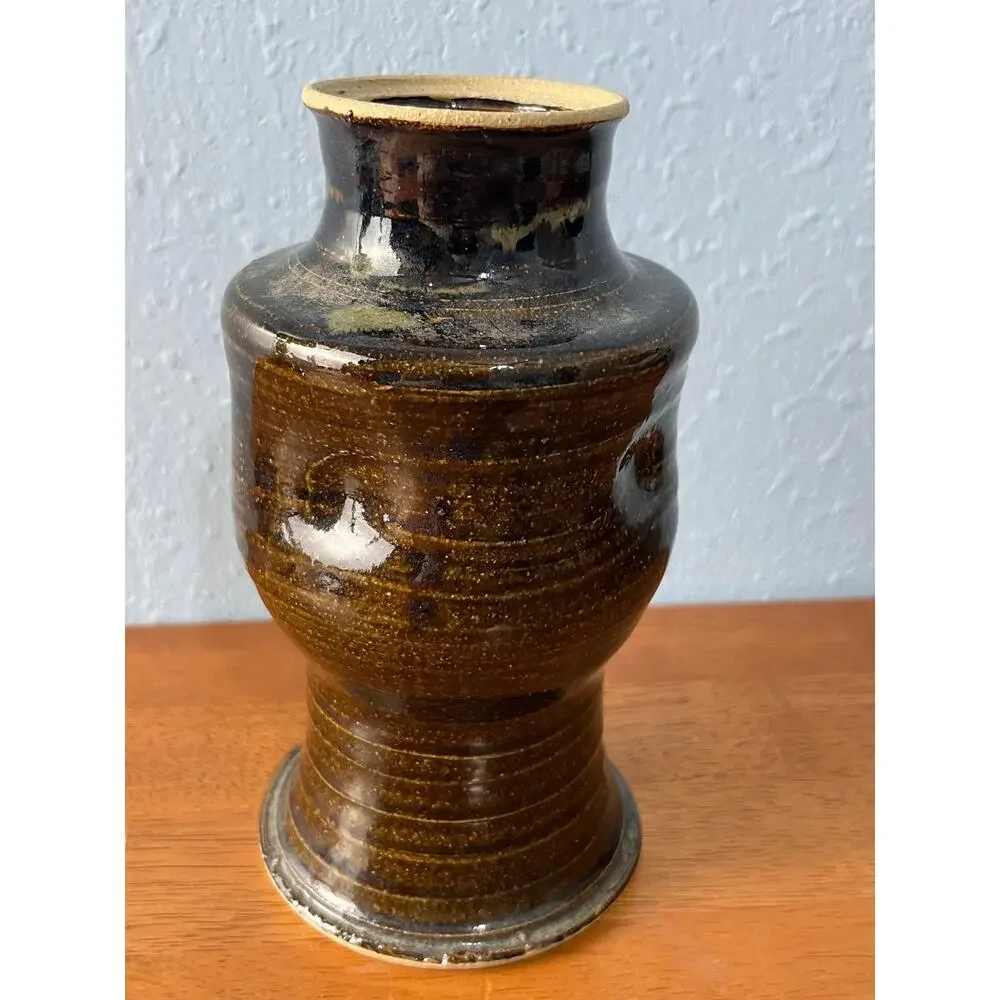 VTG Art Pottery Vase Hand Thrown Brown Glazed Stoneware Signed